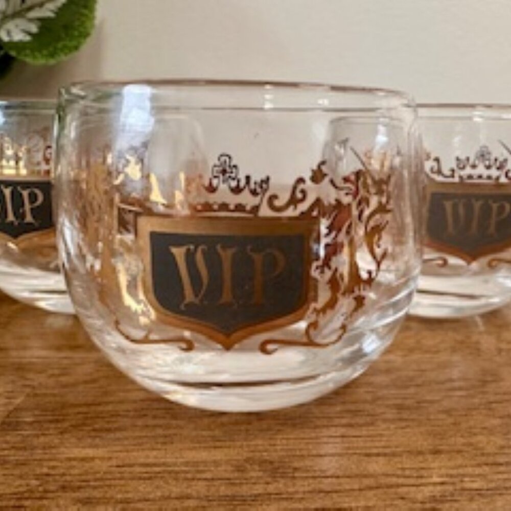 Vintage VIP Roly Poly Glasses with Gold Crest –‎ Mid-Century Barware Set of 5
